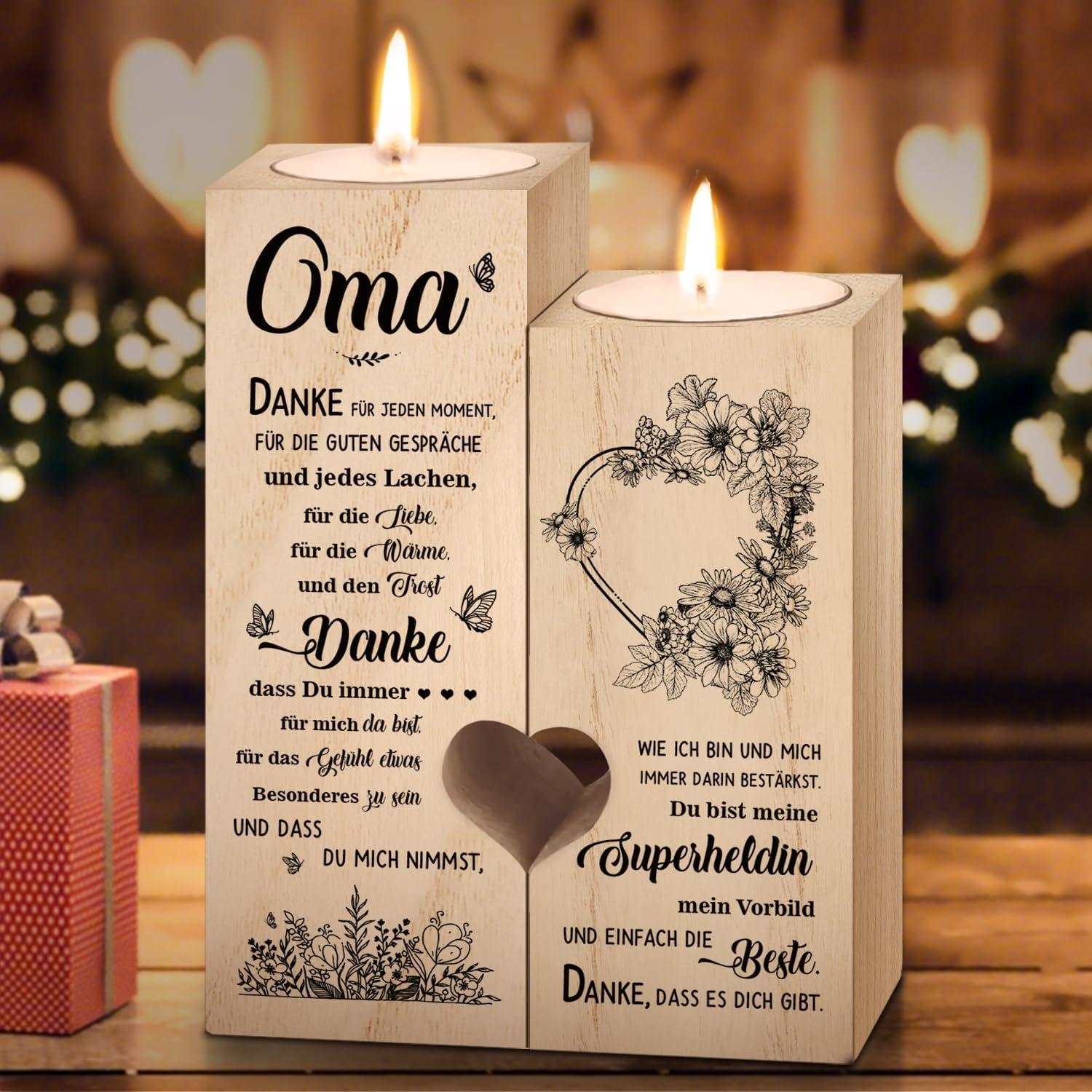 Herzform Kerzenhalter Holzgravur personalisiert für Oma