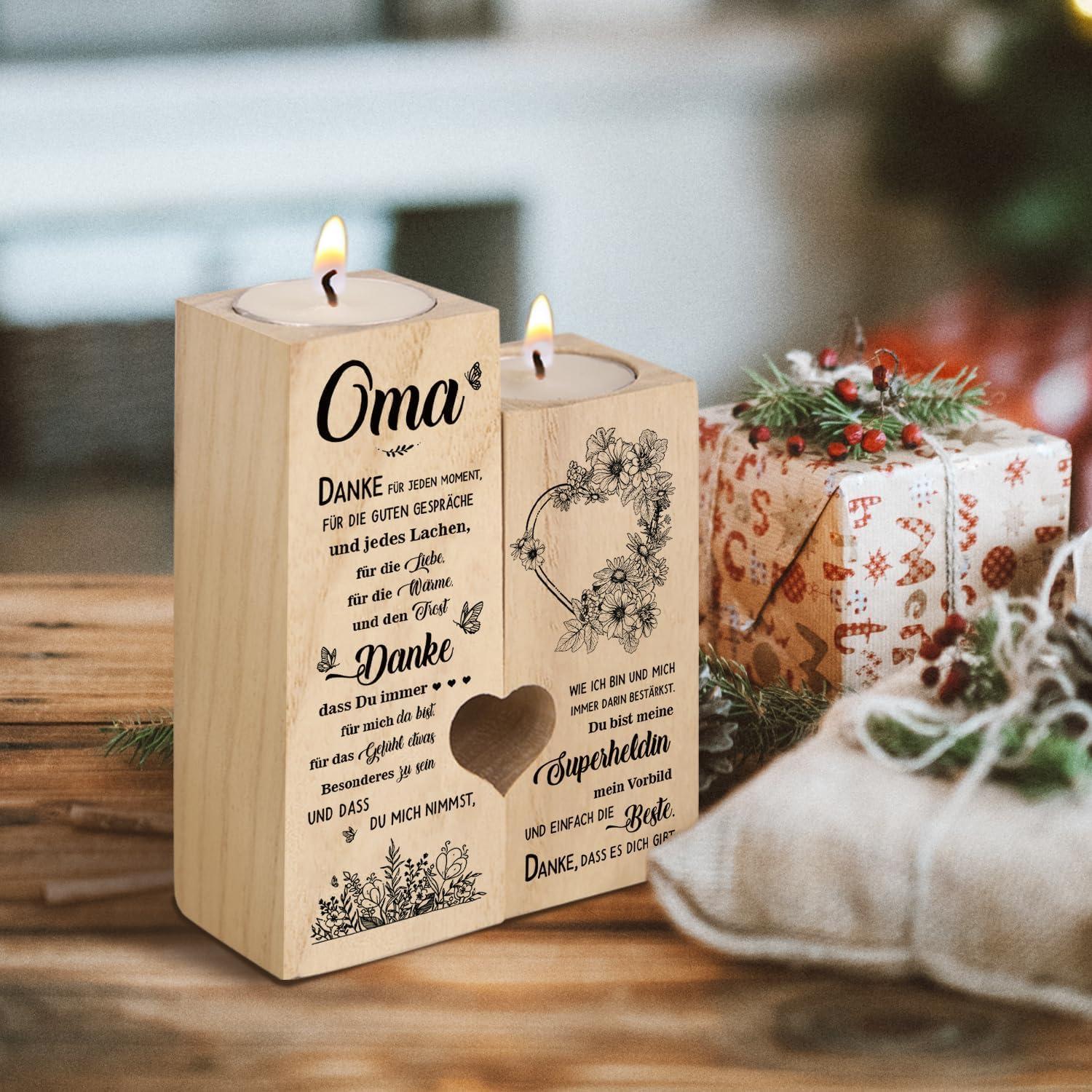 Herzform Kerzenhalter Holzgravur personalisiert für Oma