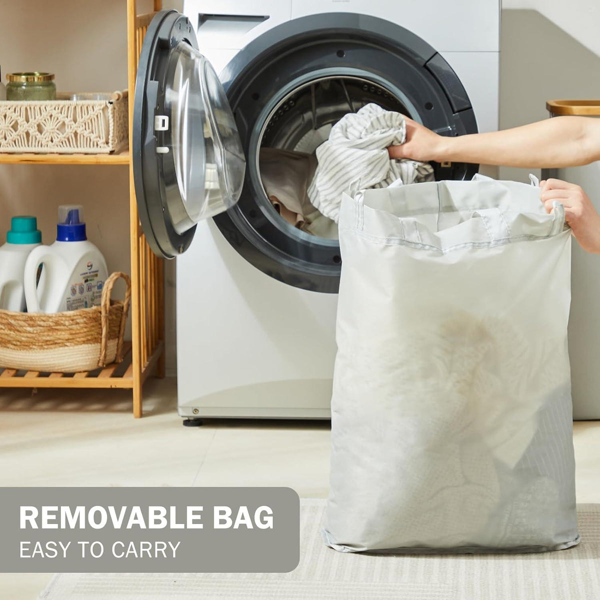 Wäschekorb mit Deckel 48L faltbarer Bambus Laundry Basket Grau