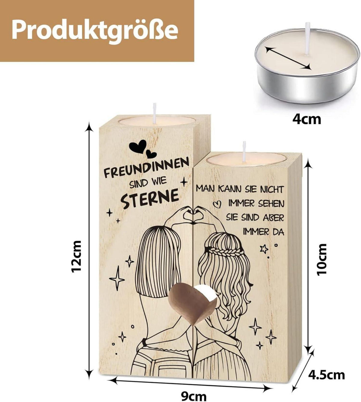 Herz-Kerzenhalter Set aus Holz für beste Freundin, Geschenk für Frauen