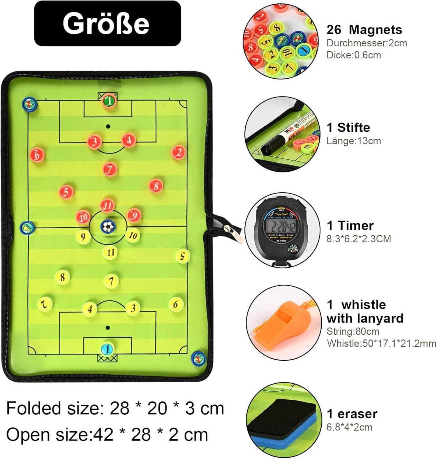 Fußball Trainermappe Taktikboard Klappbar Magnete Schachfiguren Timer Pfeifen