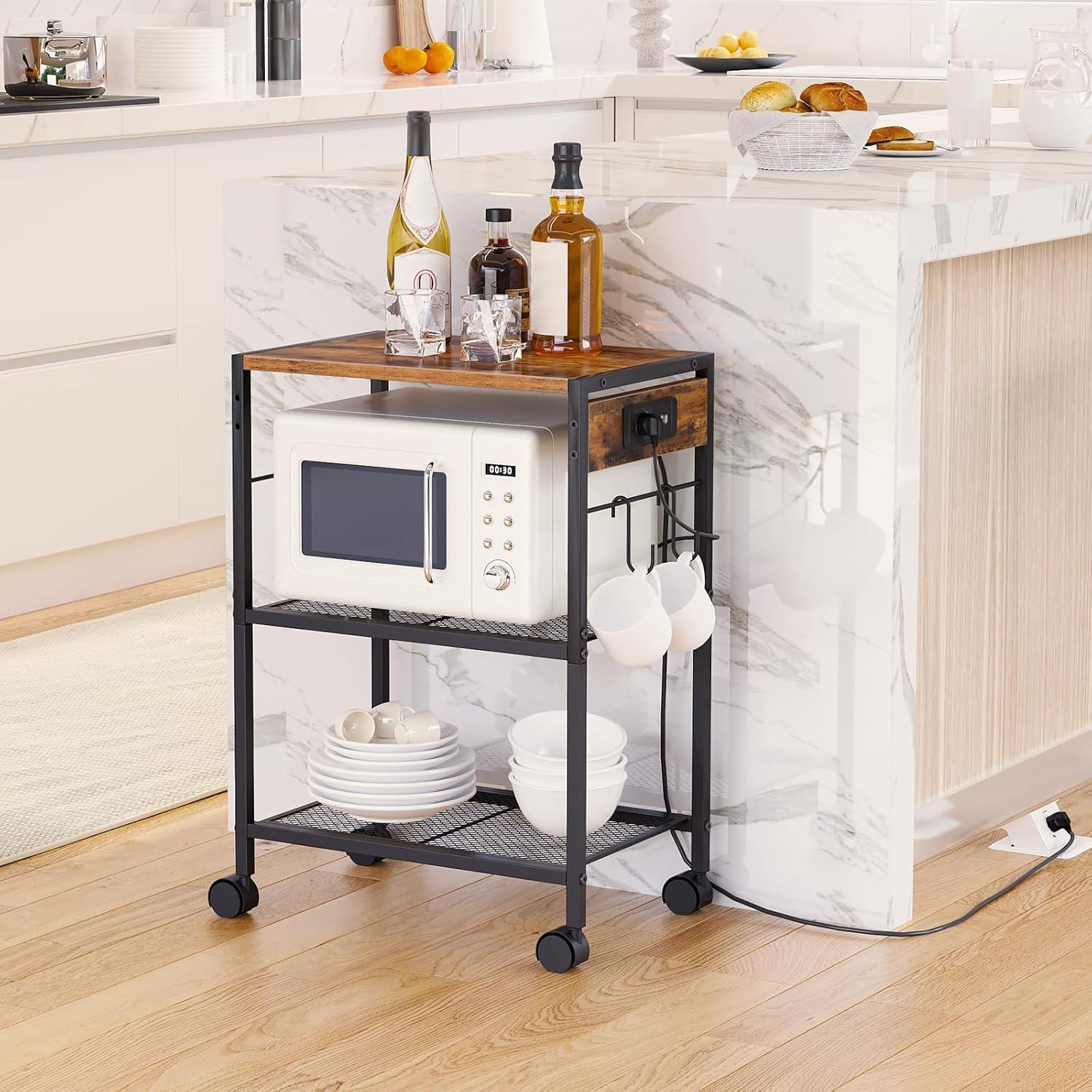 Druckerständer mit Ladestation, 3-stufiges Lagerregal, Rollen/Füße, 2 Haken