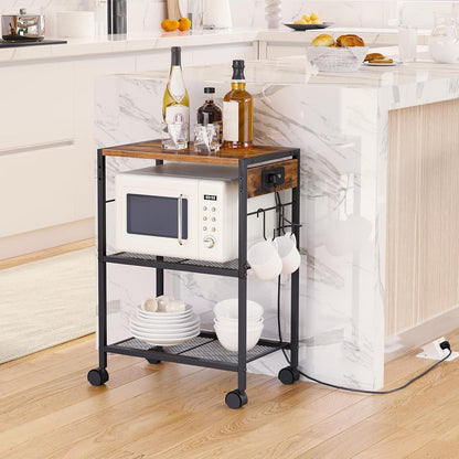 Druckerständer mit Ladestation, 3-stufiges Lagerregal, Rollen/Füße, 2 Haken