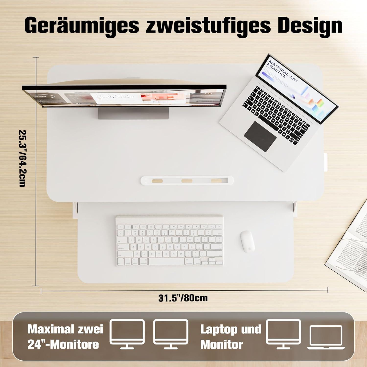 Steh-Sitz Schreibtischaufsatz Höhenverstellbar 80x40CM Weiß Monitore Tastatur