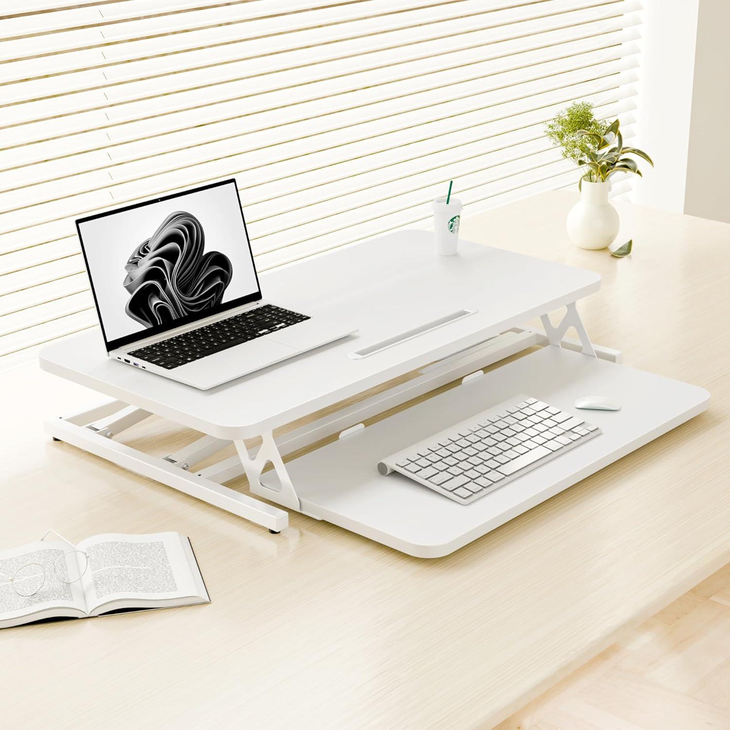 Steh-Sitz Schreibtischaufsatz Höhenverstellbar 80x40CM Weiß Monitore Tastatur