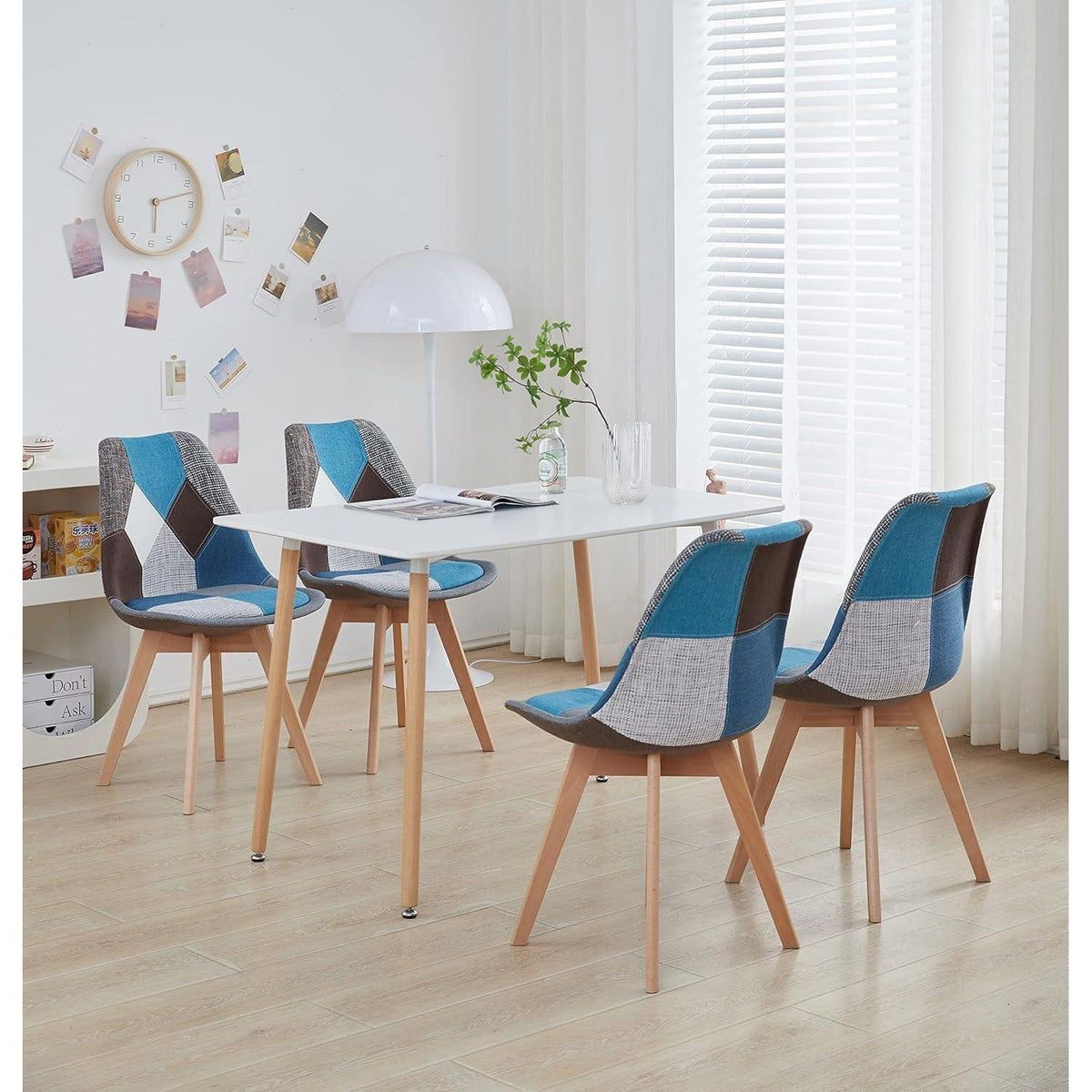 Patchwork Esszimmerstühle Set Blau | 8 Stühle mit Kissen & Holzbeinen