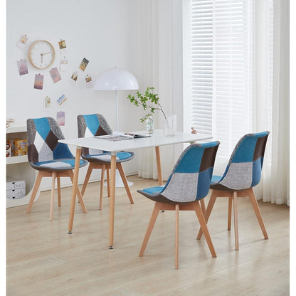 Patchwork Esszimmerstühle Set Blau | 8 Stühle mit Kissen & Holzbeinen