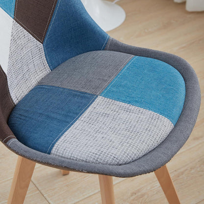 Patchwork Esszimmerstühle Set Blau | 8 Stühle mit Kissen & Holzbeinen