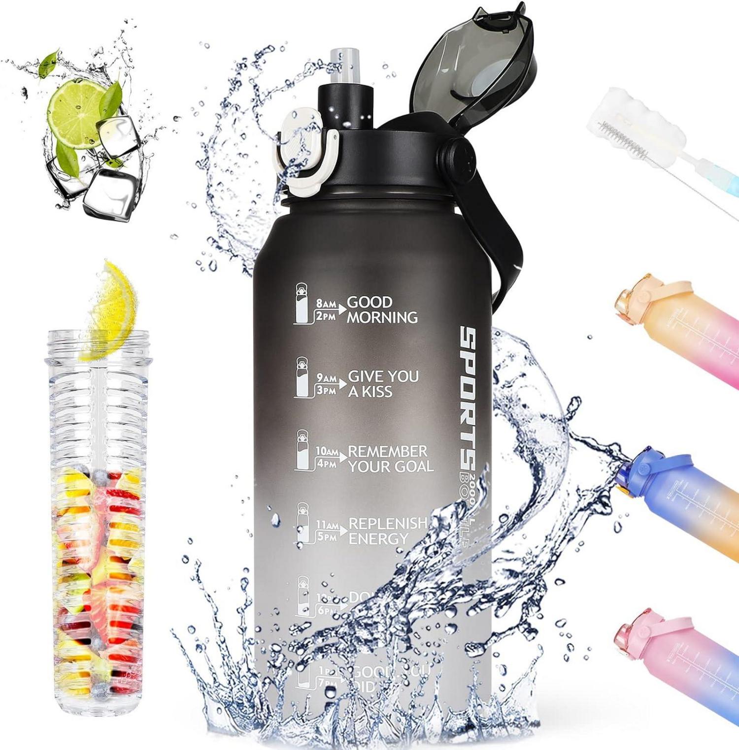 Sport Trinkflasche 2l mit Strohhalm Früchtebehälter Zeitmarkierung