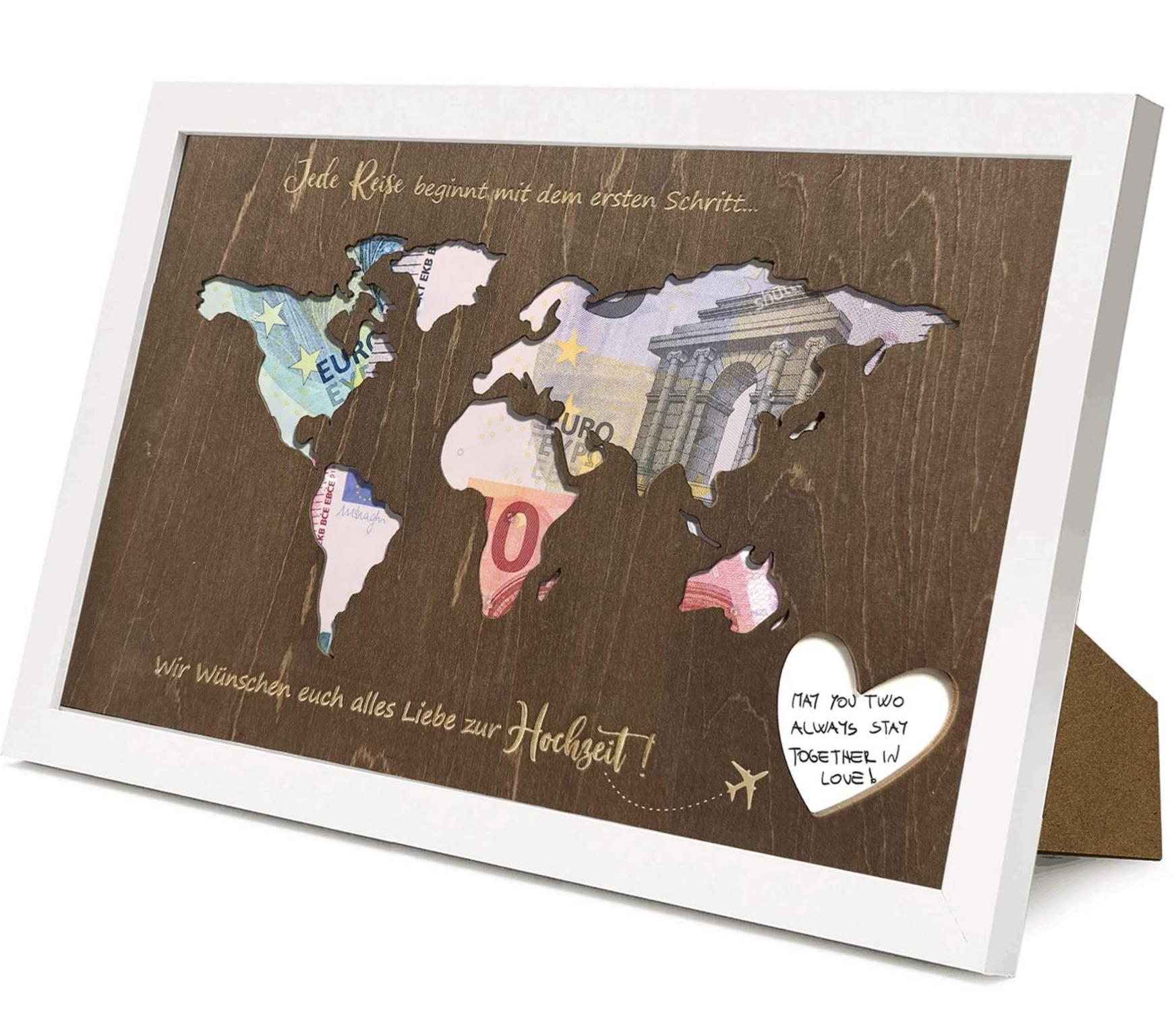Geldgeschenk Hochzeit Weltkarte Personalisiert 31x21,5x2cm