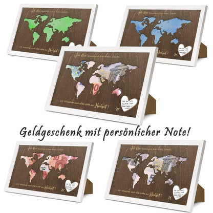 Personalisierte Weltkarte Geldgeschenk Hochzeit 31x21,5x2cm