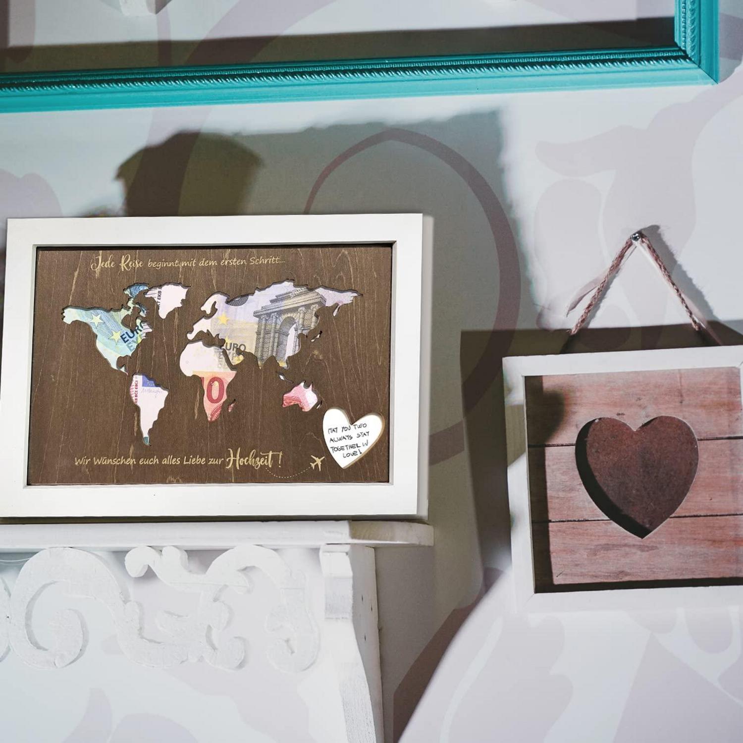 Personalisierte Weltkarte Geldgeschenk Hochzeit 31x21,5x2cm
