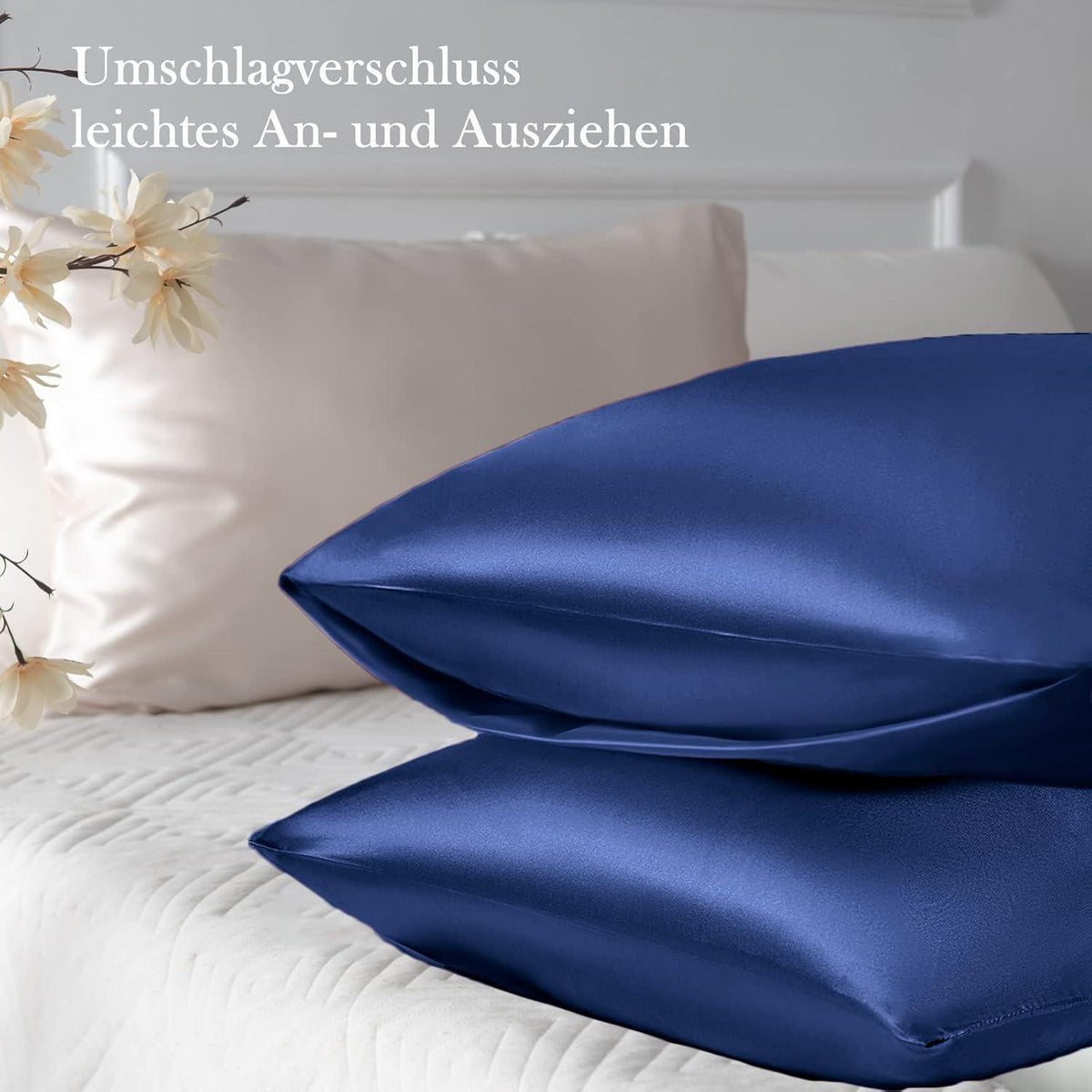 2er Set Satin Kissenbezug 50x80 Dunkelblau mit Haargummis