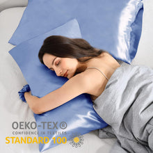 Satin Kissenbezug 2er Set 40x80 Blau mit Haargummis und