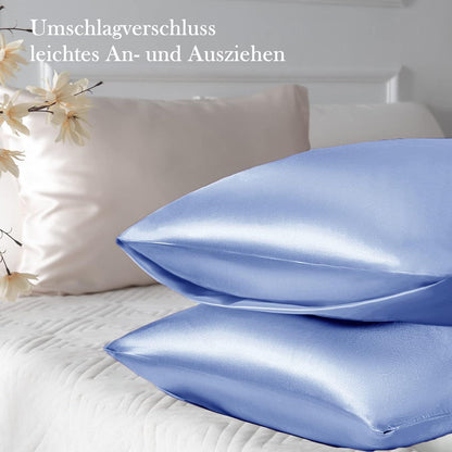Satin Kissenbezüge Blau 40x80 2er Set mit Haargummis
