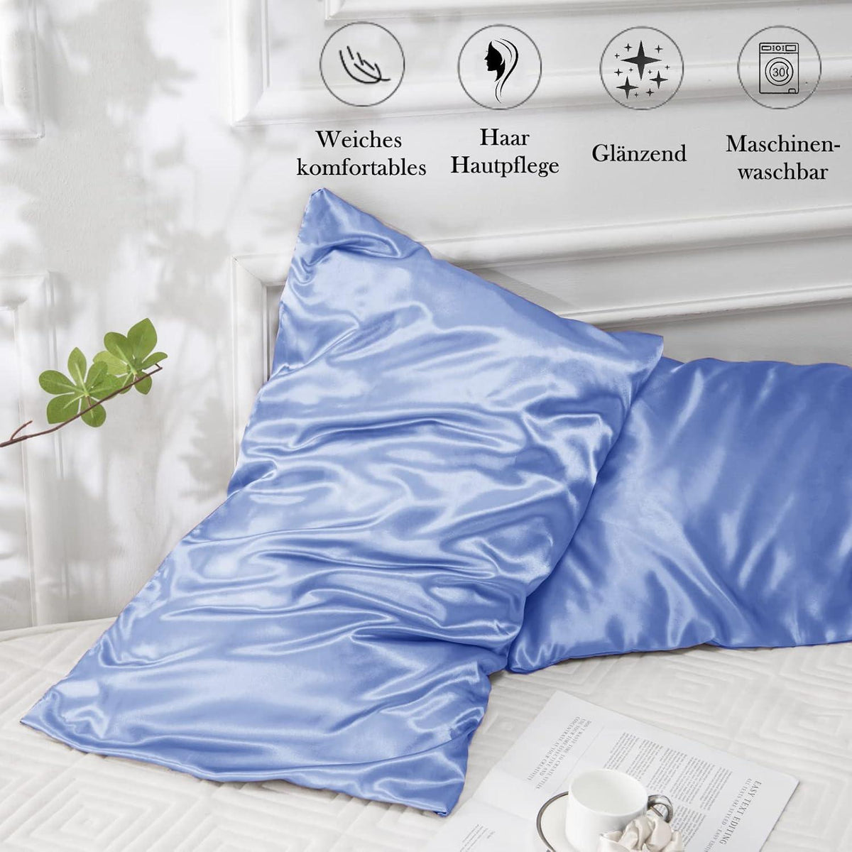 Satin Kissenbezug 40x80 Blau, Weich wie Seide, Pflegeleicht, Haargummis