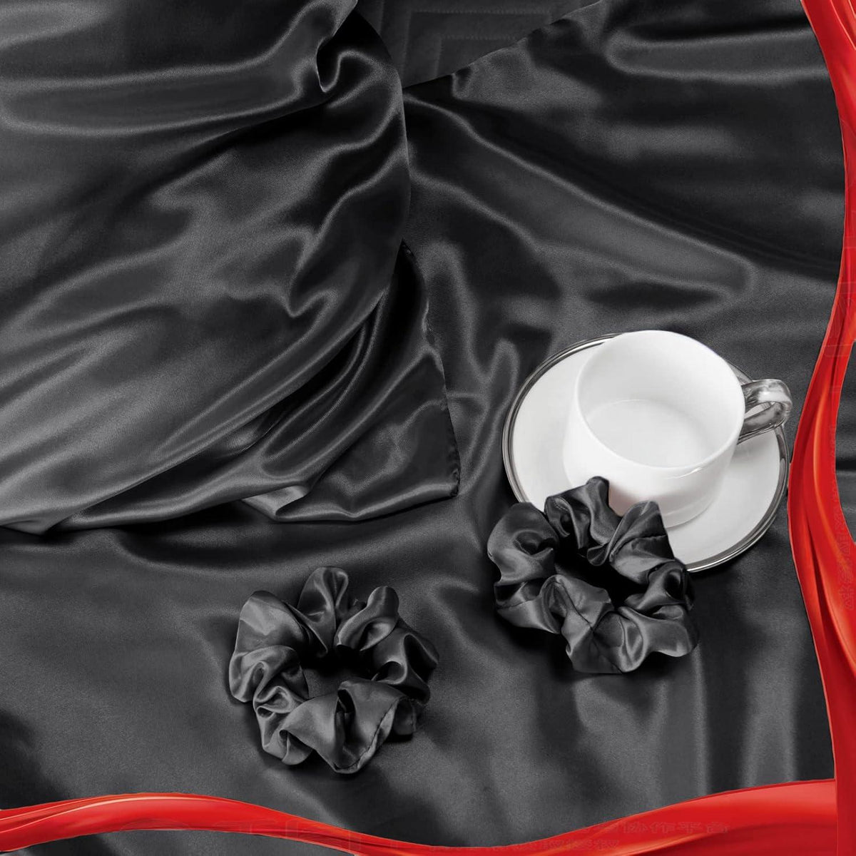 2er Set Satin Kissenbezug 50x70 Schwarz Haargummis inkl, Seidiges