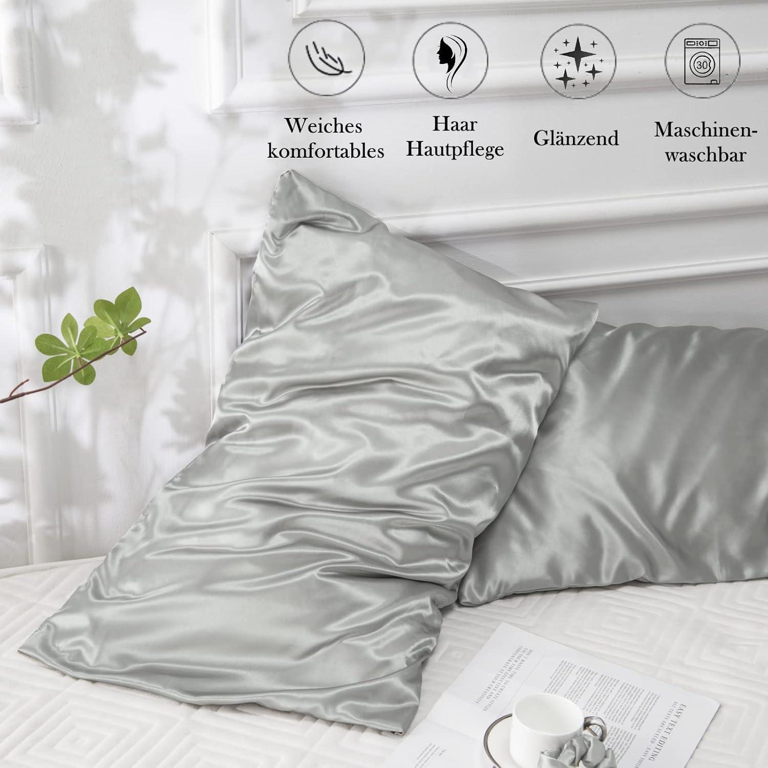 Vielit 2er Satin Kissenbezug 50x70 Grau mit Haargummis
