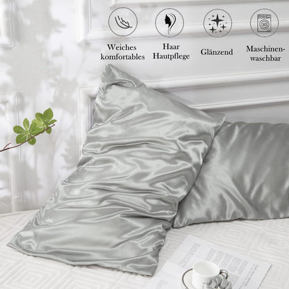 Vielit 2er Satin Kissenbezug 50x70 Grau mit Haargummis