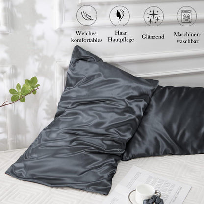 Satin Kissenbezug 2er Set 50x80 Dunkelgrau Haargummis