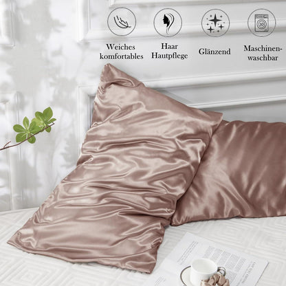 Vielit 2er Set Satin Kissenbezug 50x80 Braun Haar Hautpflege mit Haargummis