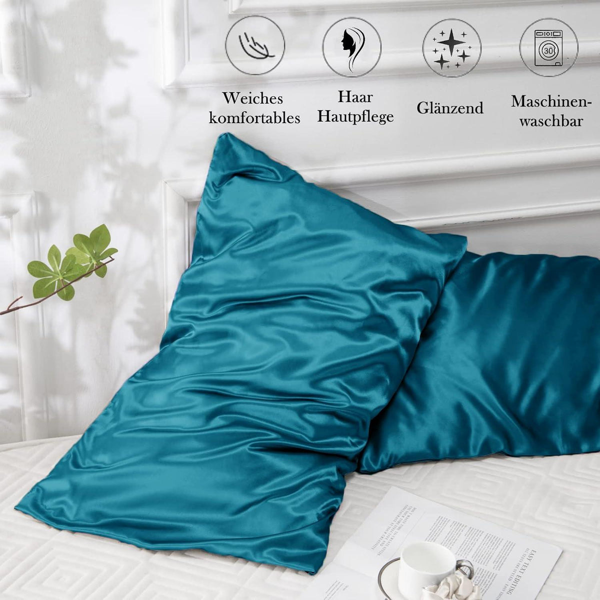 Vielit 2er Set Satin Kissenbezug 50x70 Petrol Haarschutz mit Haargummis 50x70cm