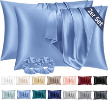 Satin Kissenbezug 2er Set Blau 50x80 mit Haargummis