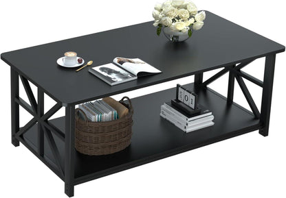 Couchtisch mit Stauraum und Regal, Industriestil, Schwarz