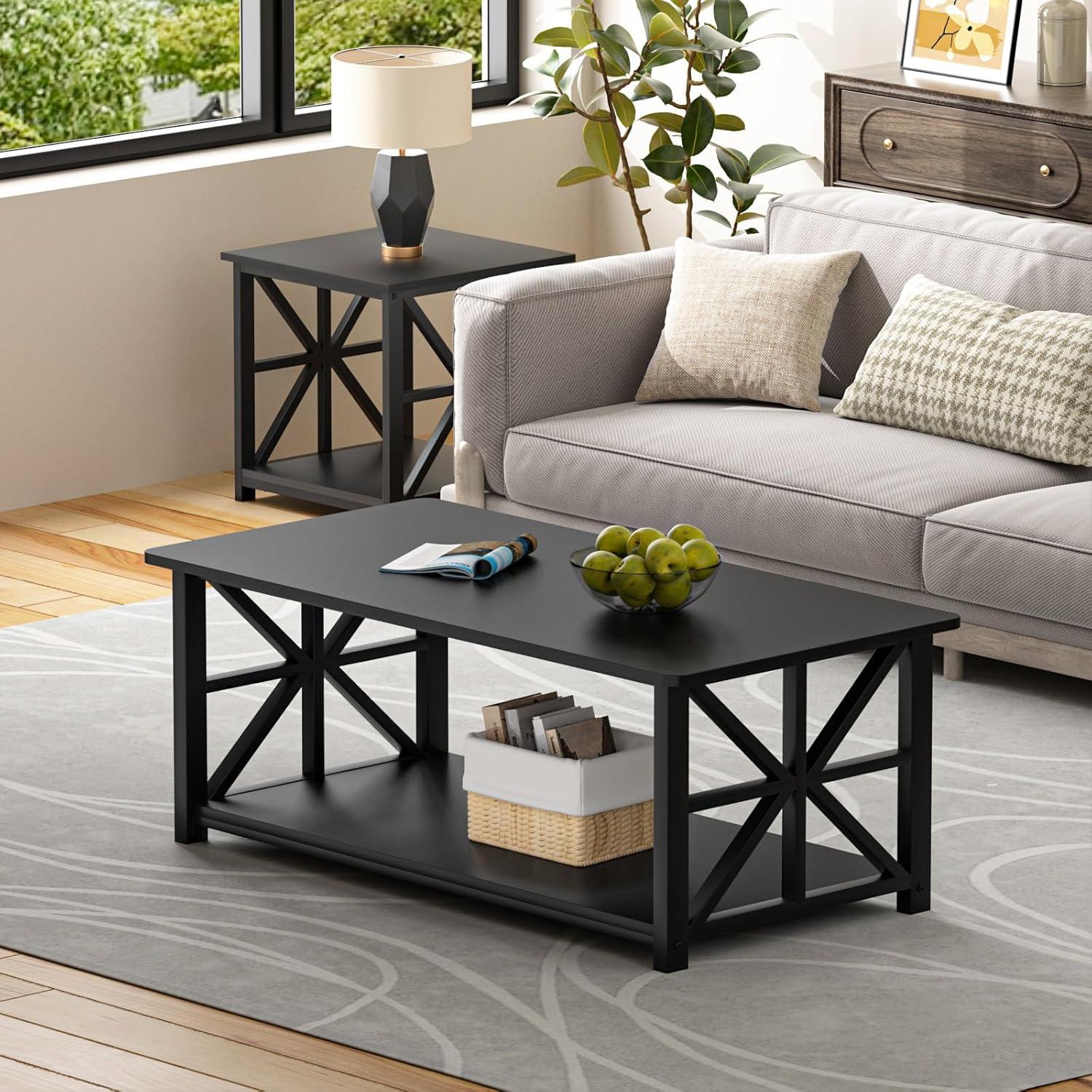 Couchtisch mit Stauraum 100cm Schwarz Holz Metall