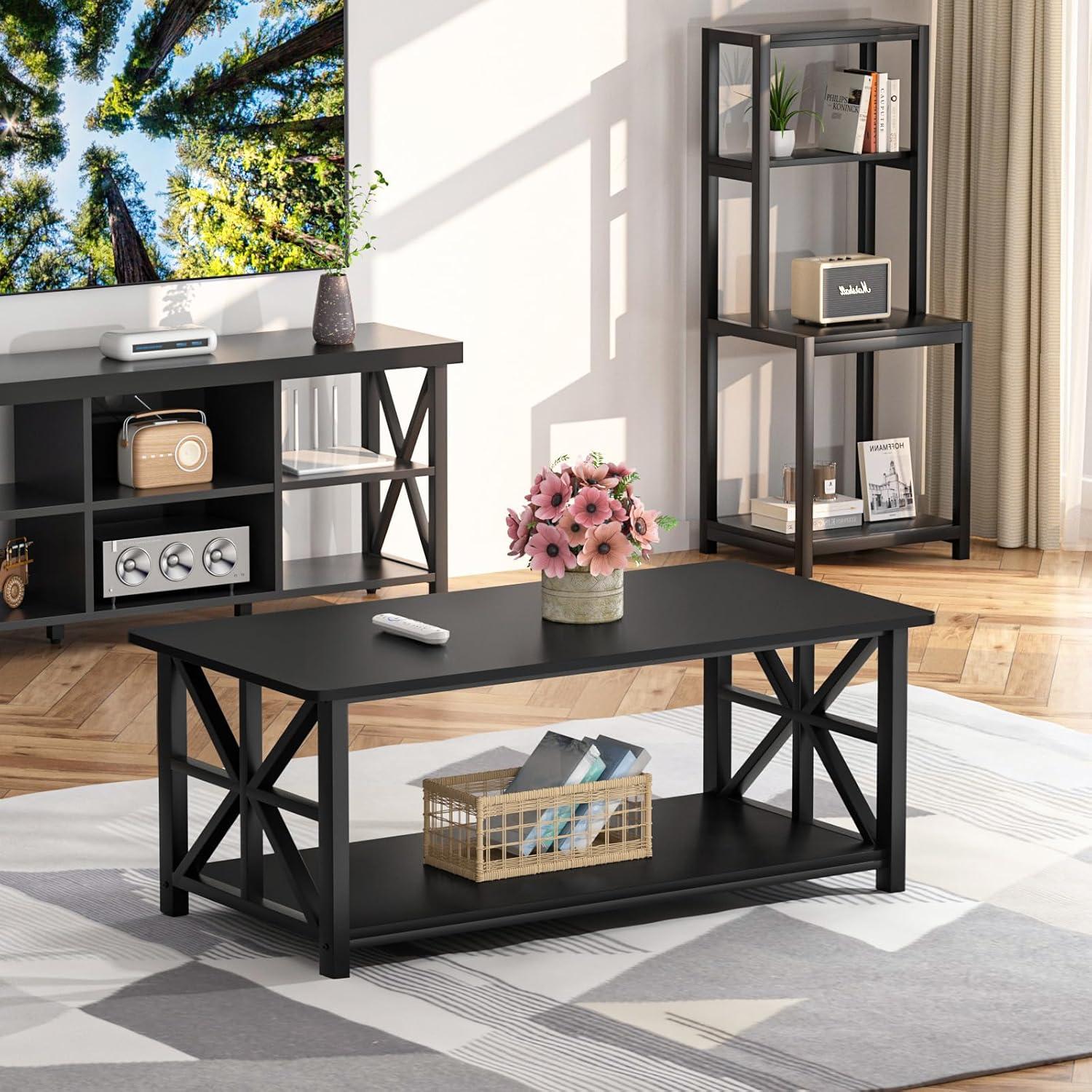 Wohnzimmertisch mit Stauraum 100cm Holz Metall Schwarz