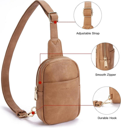 Telena Damen Brusttasche Crossbody Umhängetasche Mini Kunstleder Hellbraun