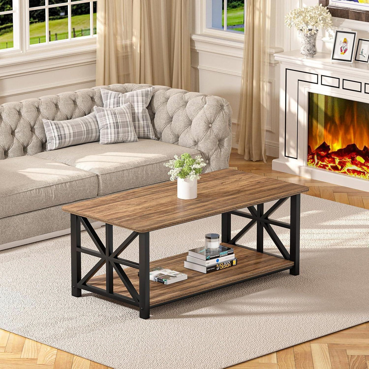 Couchtisch mit Stauraum, 100cm, Holz & Metall, Braun