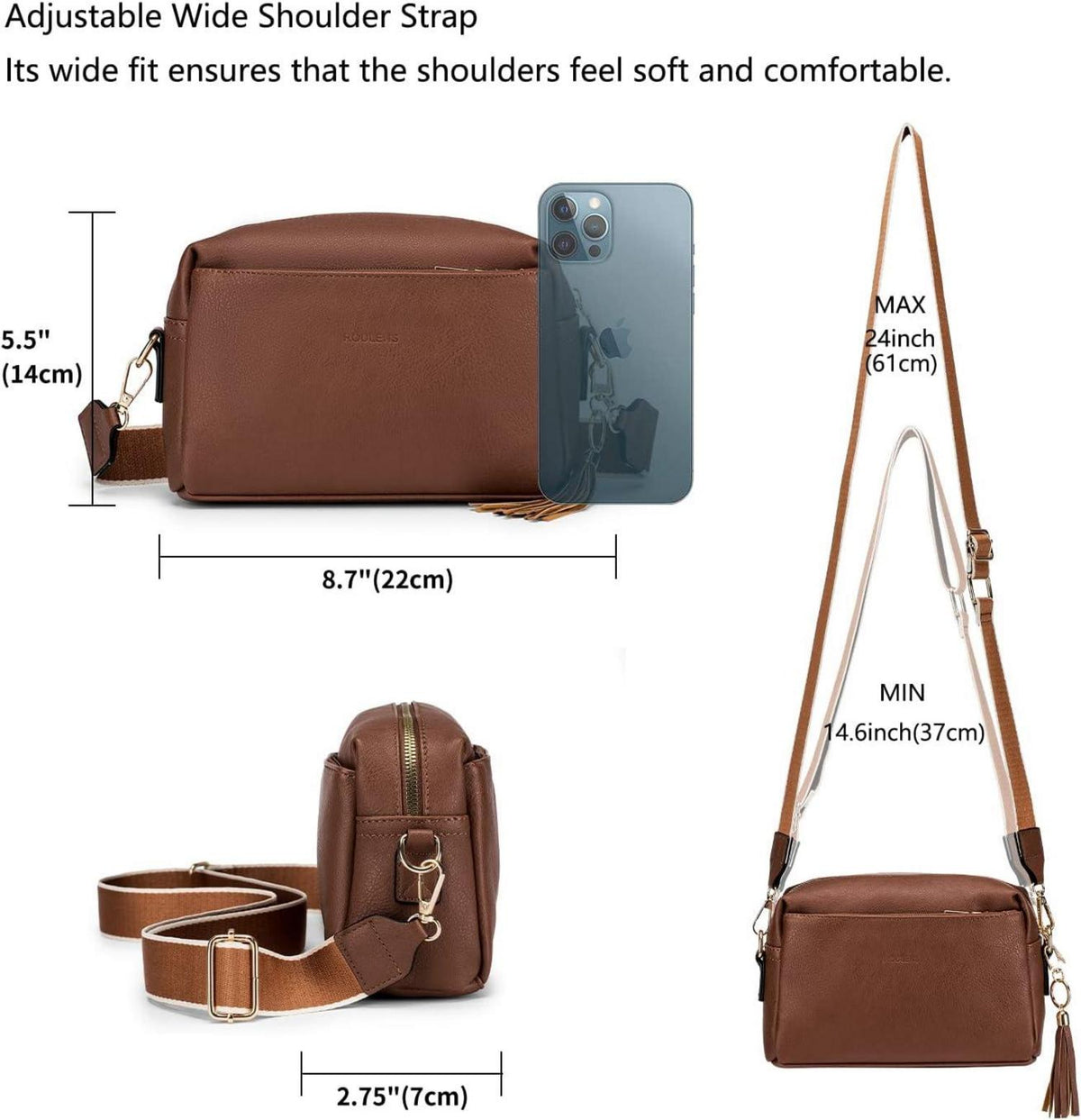 Damen Crossbody Umhängetasche Vegan-leder mit 3 Reißverschlussfächern