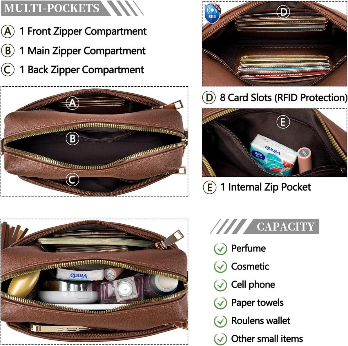 Damen Umhängetasche aus Veganem Leder mit 3 Reißverschlussfächern, Crossbody Schultertasche in C-rotbraun