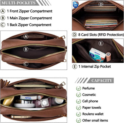 Damen Umhängetasche aus Veganem Leder mit 3 Reißverschlussfächern, Crossbody Schultertasche in C-rotbraun