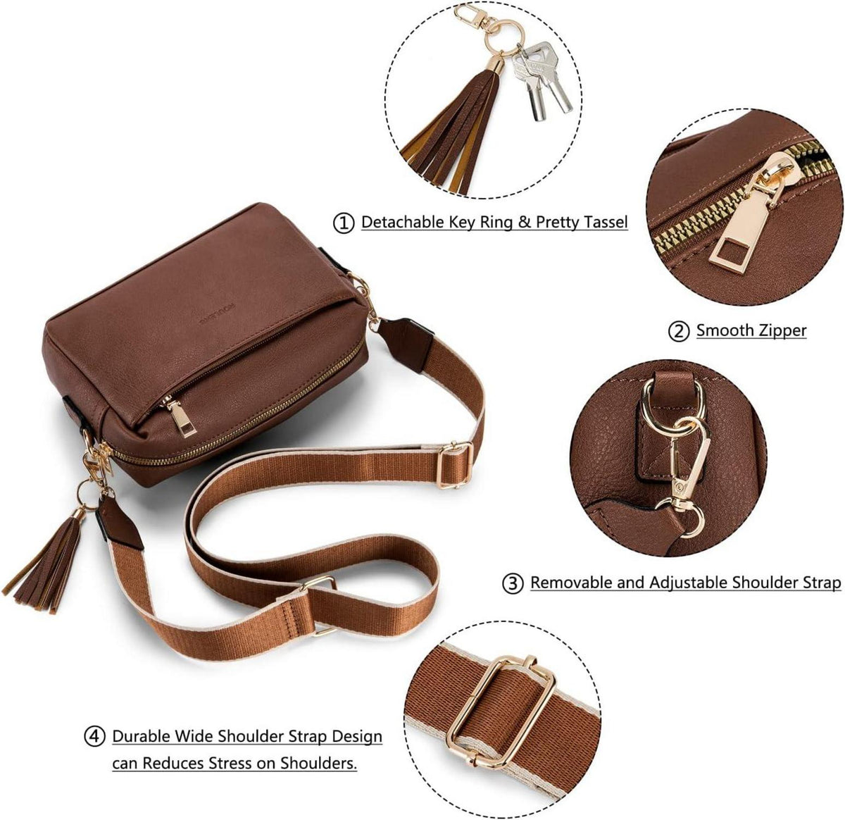 Roulens Damen Umhängetasche Vegan Leder Abendtasche 3 Reißverschlussfächer