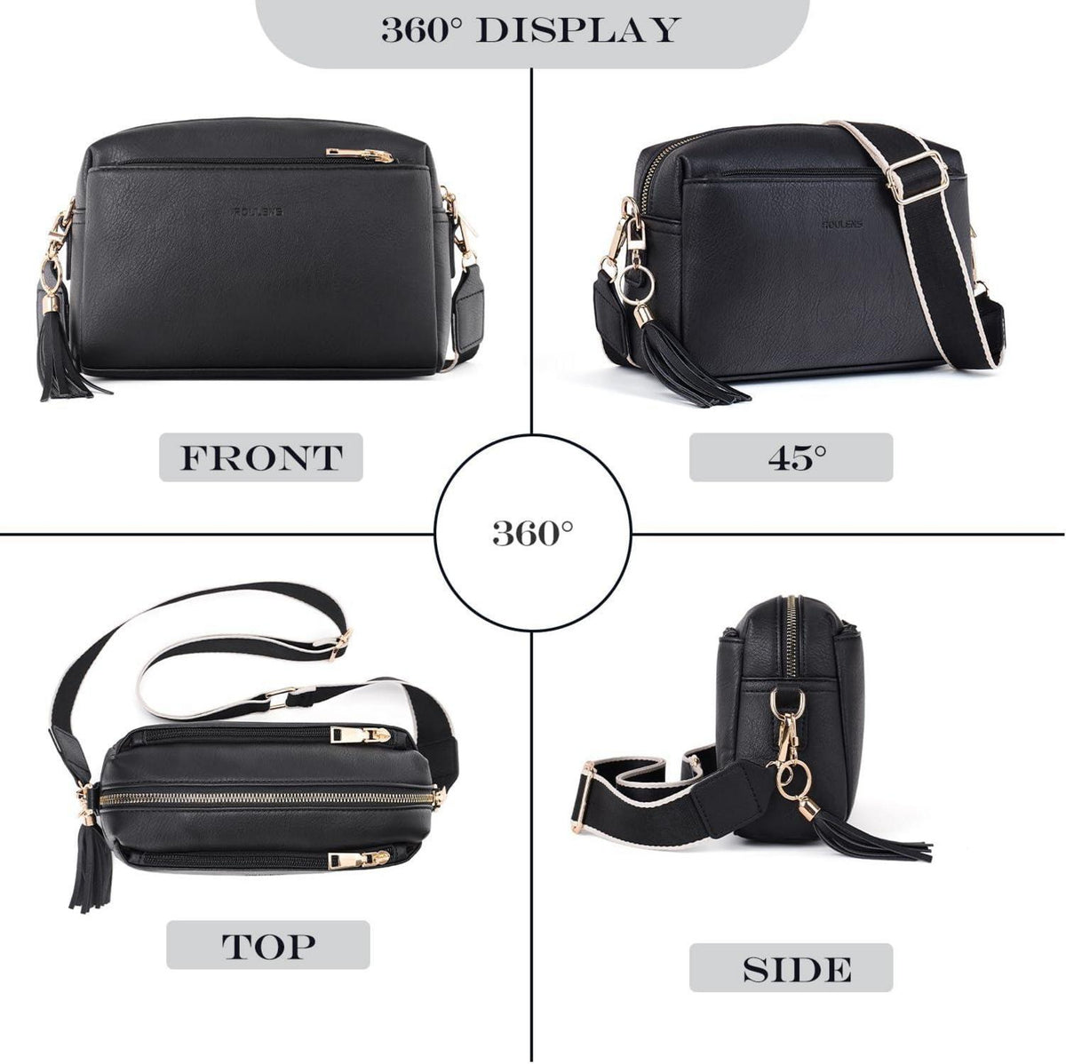 Damen Umhängetasche Veganem Leder Crossbody Schwarz mit 3