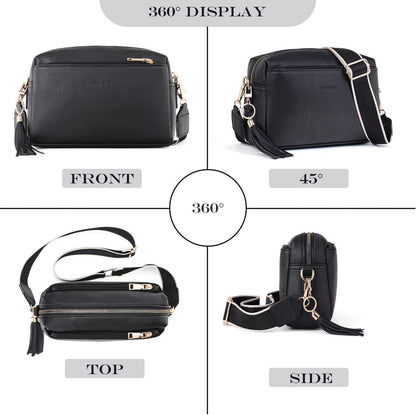Damen Umhängetasche Veganem Leder Crossbody Schwarz mit 3
