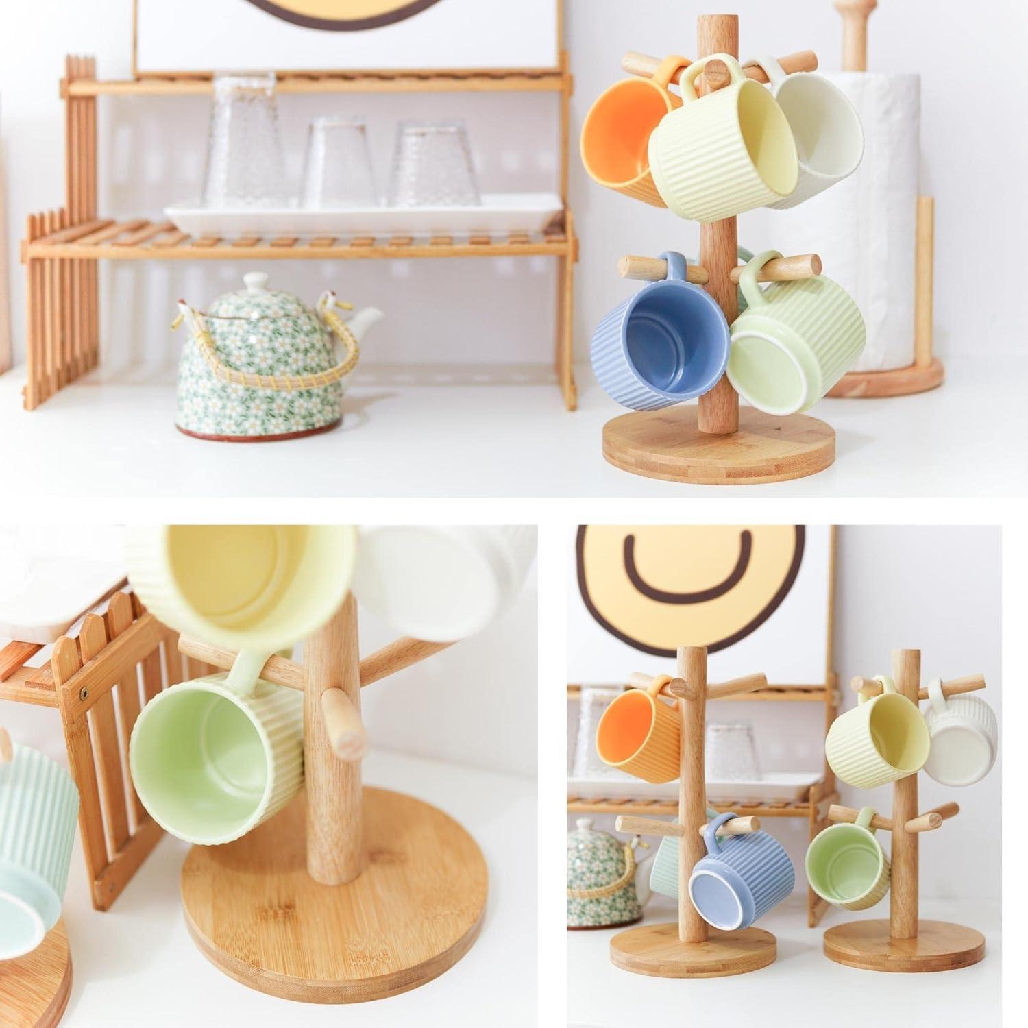 Holz-Tassenhalter mit 6 Haken - Kaffeebecher-Organizer