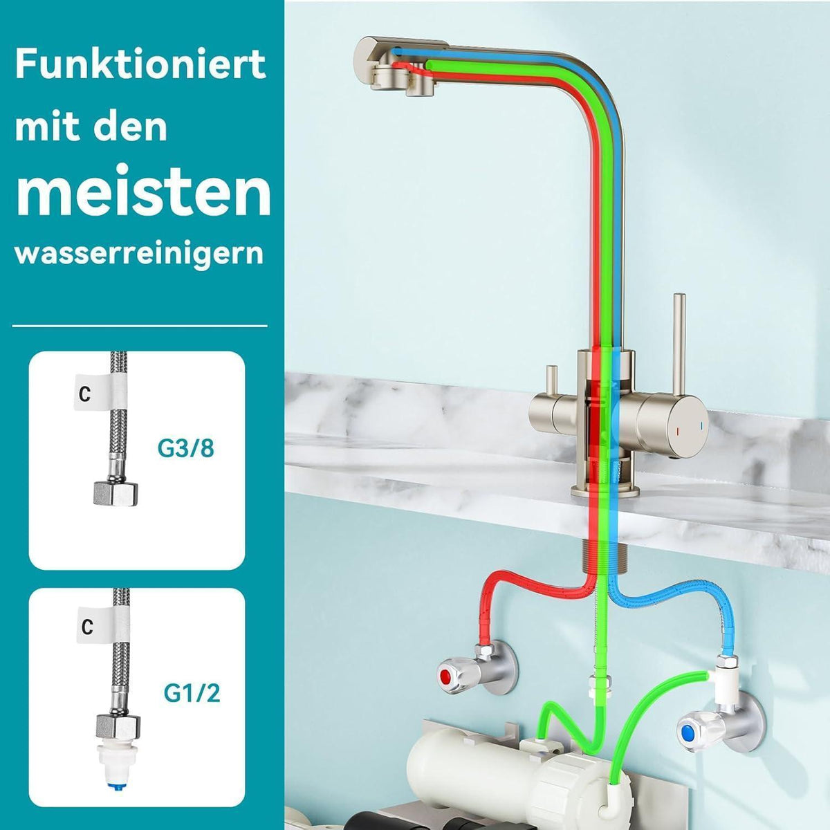 3-Wege Küchenarmatur mit Trinkwasserfunktion Edelstahl