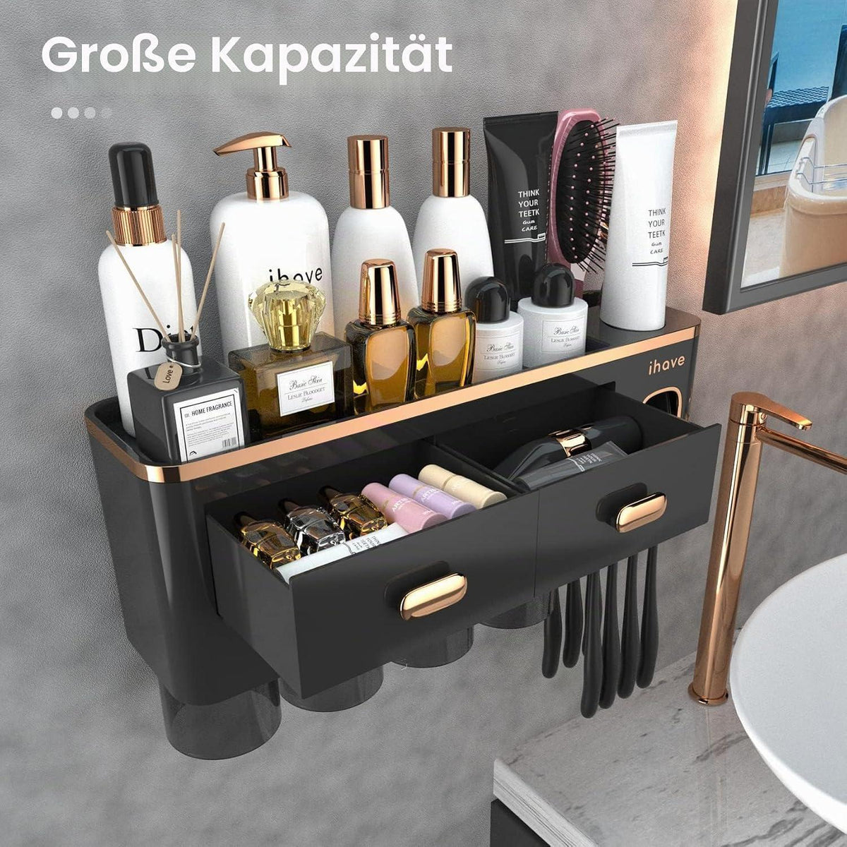 Zahnbürstenhalter Wand mit Spender & Schublade Schwarz-Gold