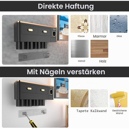 Zahnbürstenhalter Wand mit Spender & Schublade Schwarz-Gold