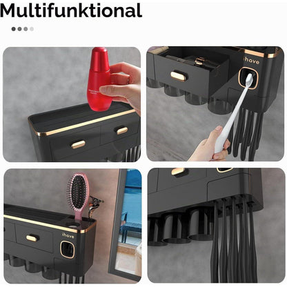 Zahnbürstenhalter Wand mit Spender & Schublade Schwarz-Gold