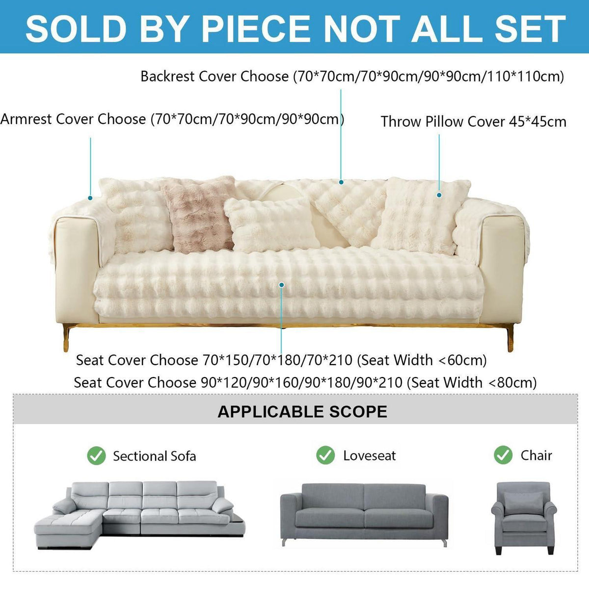 Weicher Sofaüberzug Kunstpelz Rutschfest Beige 90x180cm