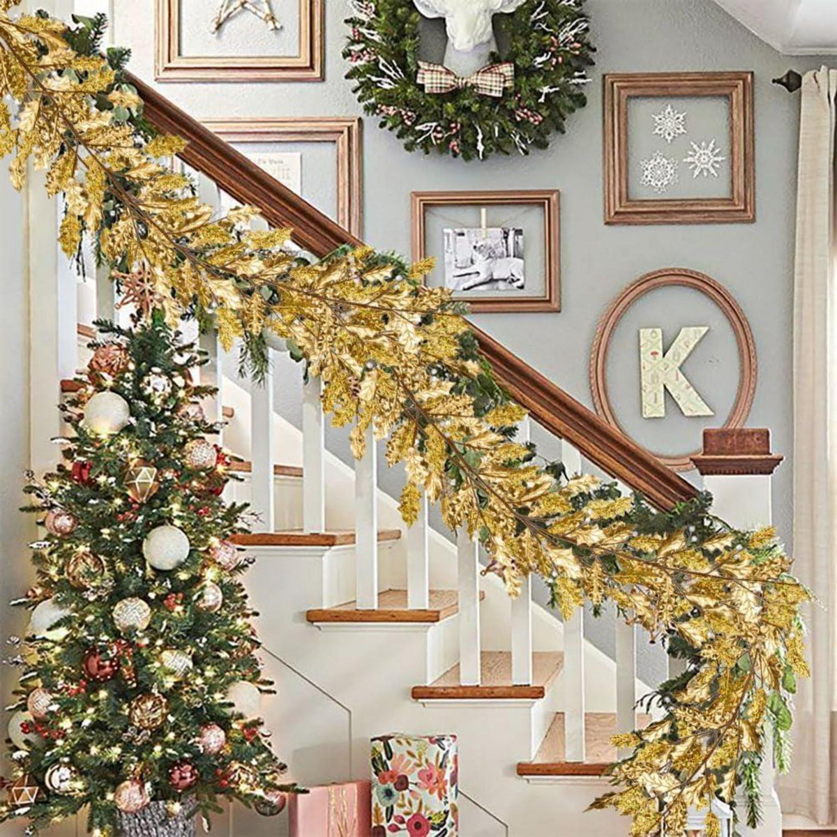 Goldene Weihnachtsgirlande mit Acryldiamant und Glitzer 180cm