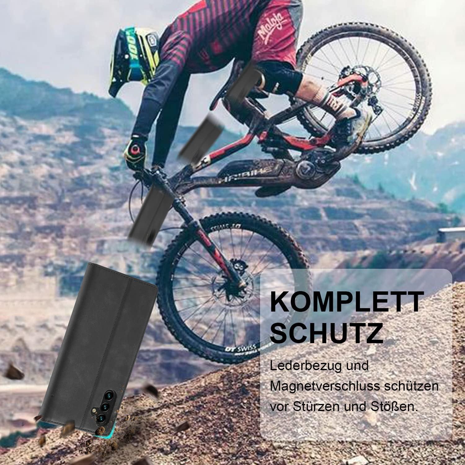 Schwarze Leder Handyhülle mit Ständer und Kartenfächern für Samsung A34 5G