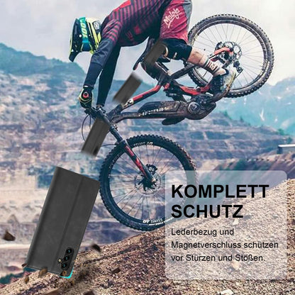 Schwarze Leder Handyhülle mit Ständer und Kartenfächern für Samsung A34 5G