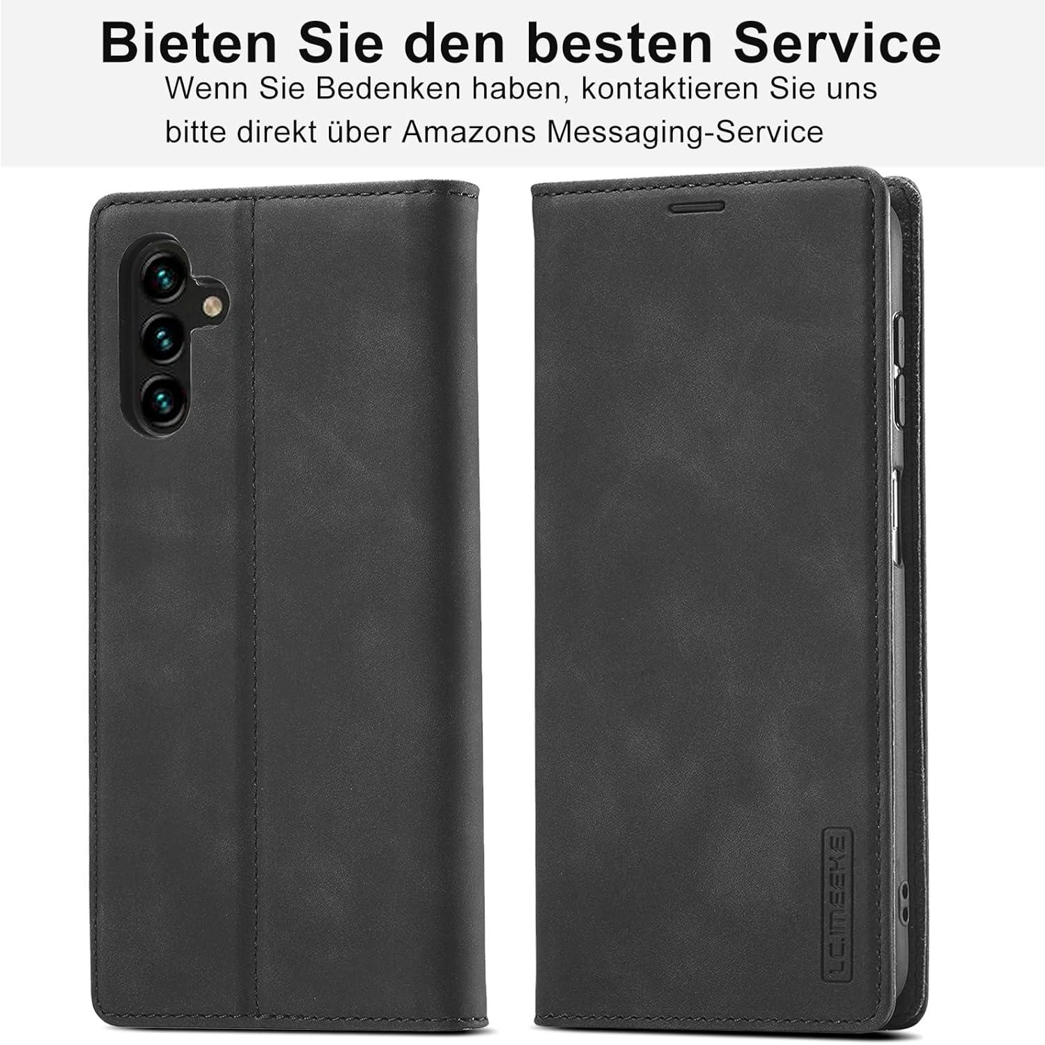 Schwarze Leder Handyhülle mit Ständer und Kartenfächern für Samsung A34 5G