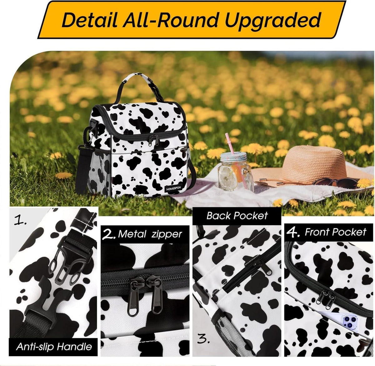 Kleine Isolierte Lunchtasche Damen Picknick Thermotasche Kuh Muster