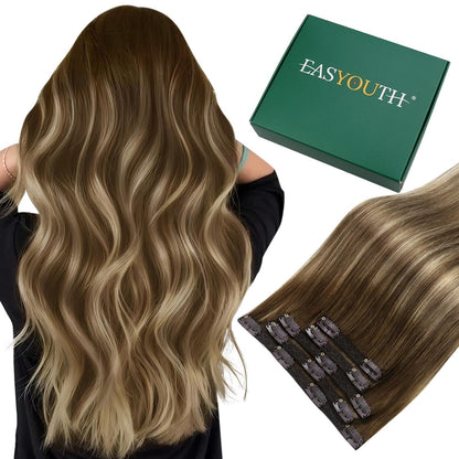 Clip-In Echthaar Extensions Braun Balayage Ombre 45cm